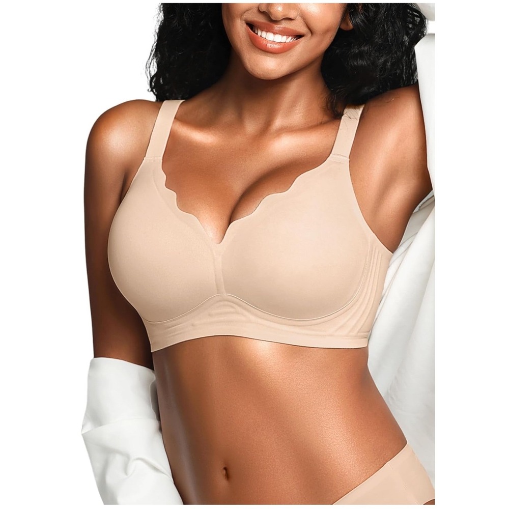 Womens Seamless Jelly Gel Support Wirefree Bra Beige Scalloped Edge Size L